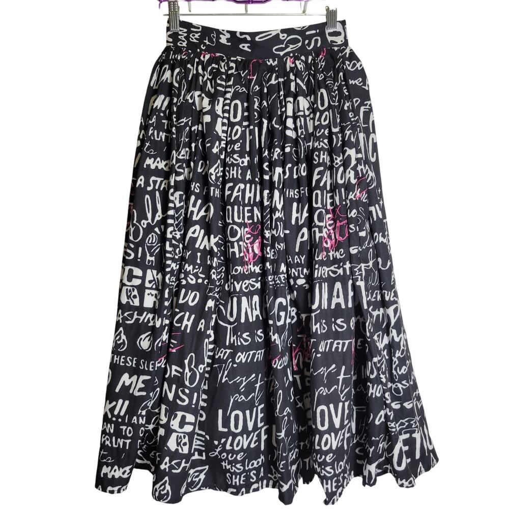 Kate Hewko Graffiti Print Skirt NEW Womens XS Black/White A-Line Pleated Lined